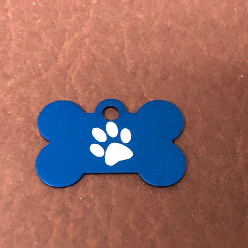 Paw Print Pattern Design, Small Blue Bone, Personalized Aluminum Tag, Diamond Engraved, Dog Tag, Pet Tag, ID Tags, For Dog Collars, SPPSBB