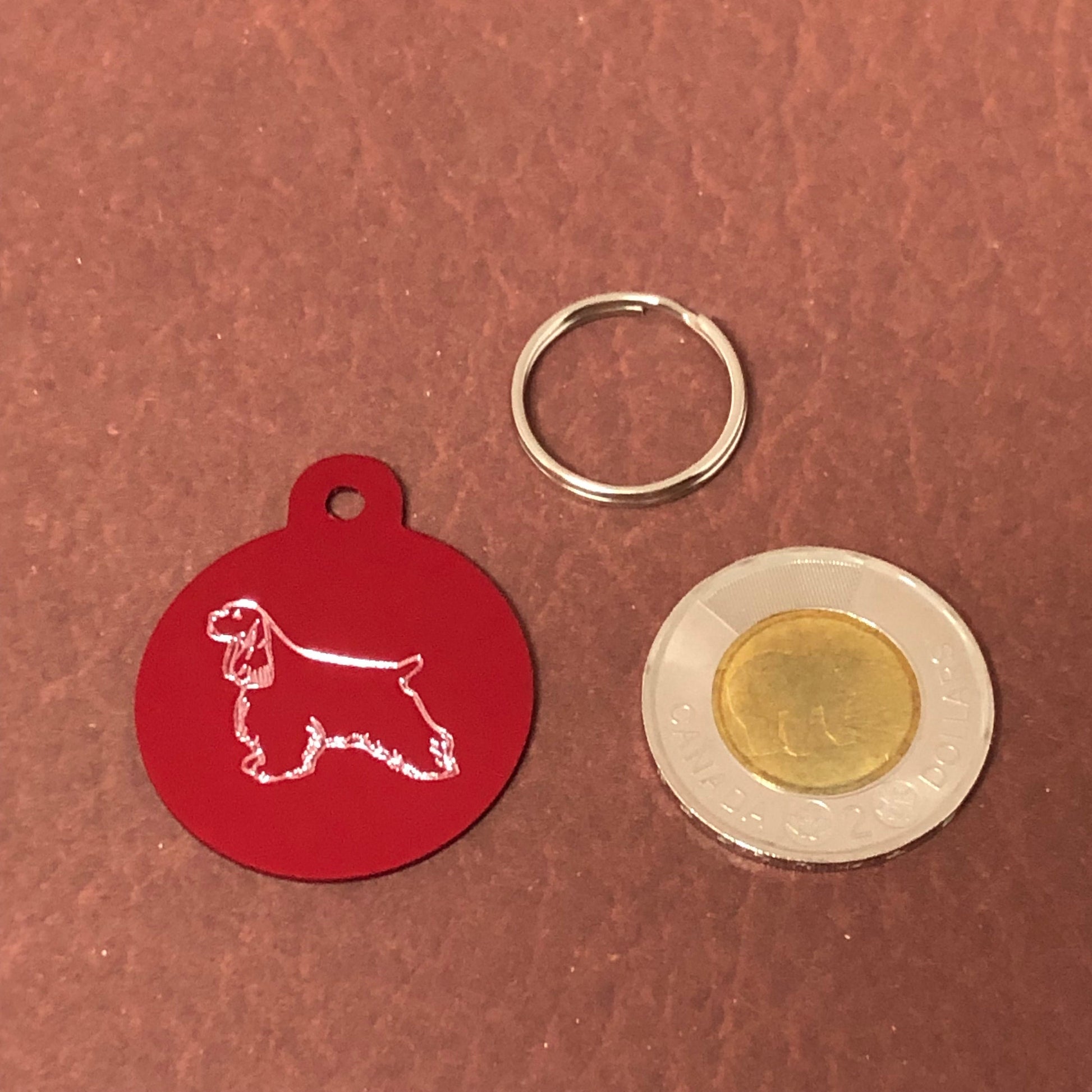 Cocker Spaniel, American Cocker Spaniel, Large Circle Aluminum Tag, Personalized Diamond Engraved, Pet Cat Dog ID For Bags Collars. CARAPLCT