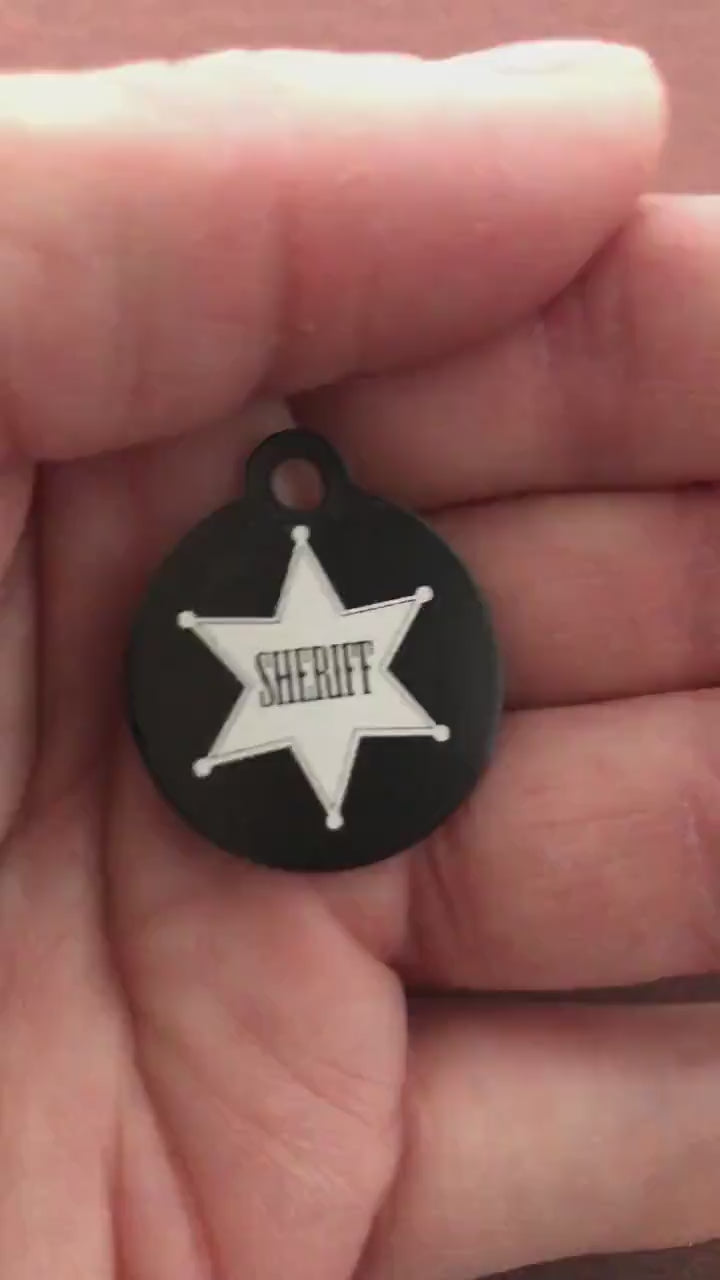 Sheriff, Sheriff Tag, Small Black Circle Aluminum Tag, Personalized Diamond Engraved Cat ID Dog ID Cat tag Dog Tag Pet Tags Id Tags SBSBLKC
