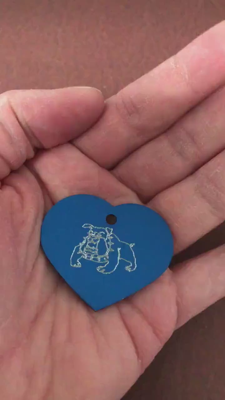 Bulldog, Large Heart Aluminum Tag, Personalized Diamond Engraved, For Cat Tag, Dog Tag, ID Tag, Bags, Backpacks, Key Chain, CAjAPLHT