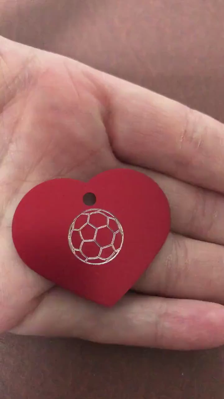 Soccer Ball, Large Heart Aluminum Tag, Personalized Diamond Engraved, For Cat Tag, Dog Tag, ID Tag, Bags, Backpacks, Key Chain, CAxAPLHT