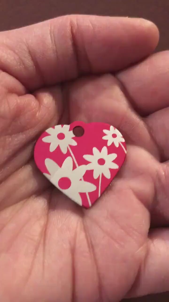 Daisy Floral Print Flowers Small Pink Heart Aluminum Tag Personalized Diamond Engraved Pet Tag, Cat Tag, Dog Tag, For Bags, Collars, DFPSPH
