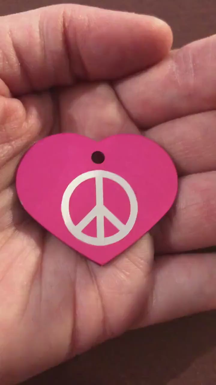 Peace Sign Large Pink Heart Personalized Aluminum Tag, Diamond Engraved, Key Chain, Keychain, For Lost Keys PSLPH