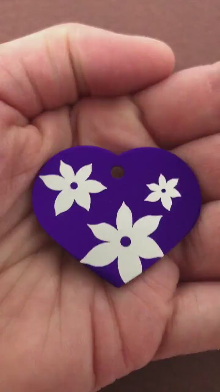 Lily Floral Print. Large Purple Heart Aluminum Tag Diamond Engraved Personalized Dog Tag Cat Tag For Dog Collars For Cat Collars Backpacks