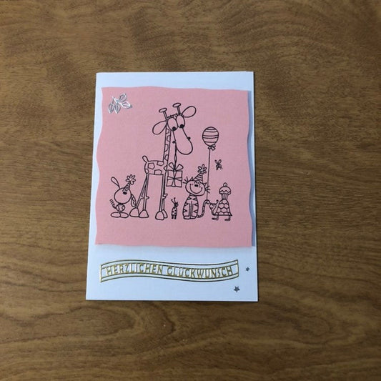 Herzlichen Gluckwunsch Deutsche Karte Handgemacht Giraffe and Friends Homemade Stamped German Card HGCBC52