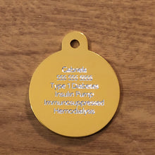 Load image into Gallery viewer, Therapy Dog Medical Alert Service Dog Large Gold Circle Aluminum Tag TDMALGC