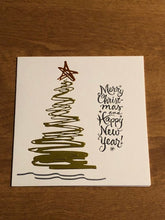 Load image into Gallery viewer, Set of Three Handmade Stamped Christmas Cards Christmas Tree on Car Roof and Christmas Tree Scribbles 5 3/4&quot; X 5 3/4&quot; 14.5cm x 14.5cm