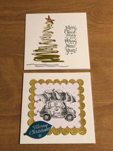 Load image into Gallery viewer, Set of Three Handmade Stamped Christmas Cards Christmas Tree on Car Roof and Christmas Tree Scribbles 5 3/4&quot; X 5 3/4&quot; 14.5cm x 14.5cm