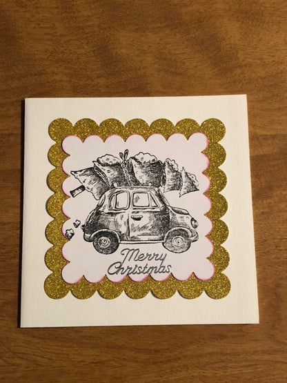 Set of Three Handmade Car With Christmas Tree on Roof Christmas Cards