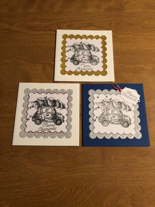 Set of Three Handmade Car With Christmas Tree on Roof Christmas Cards
