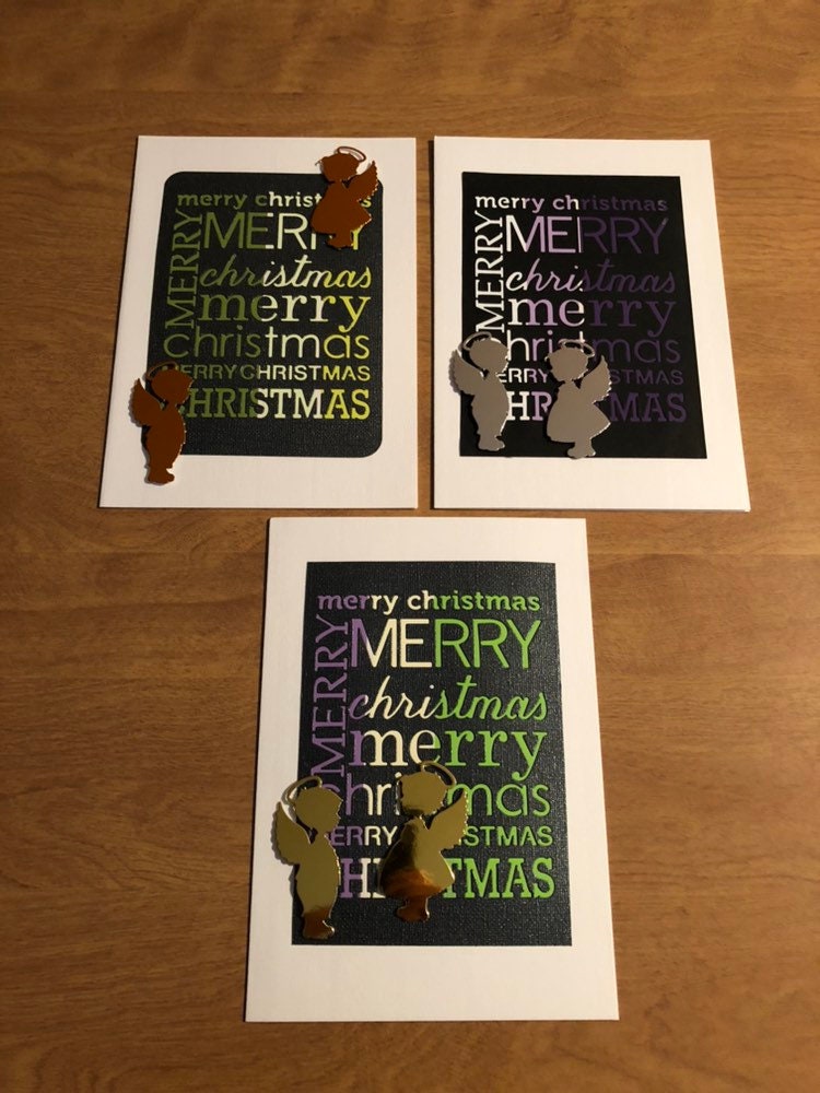 Set of Three Handmade Merry Christmas with Angels Christmas Cards