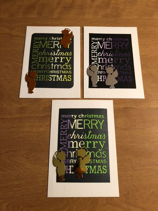 Set of Three Handmade Merry Christmas with Angels Christmas Cards
