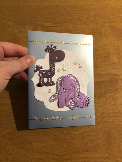 New Baby Giraffe and Teddy Bear Congratulations Handmade Card