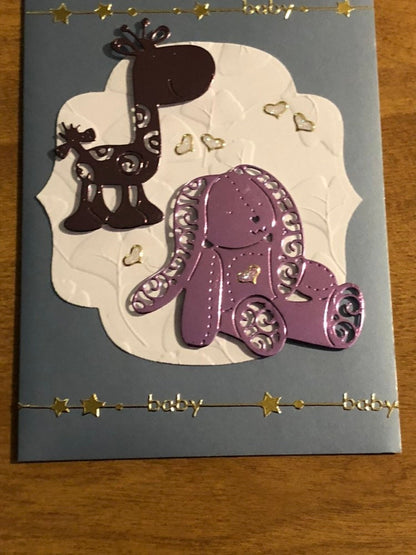 New Baby Giraffe and Teddy Bear Congratulations Handmade Card