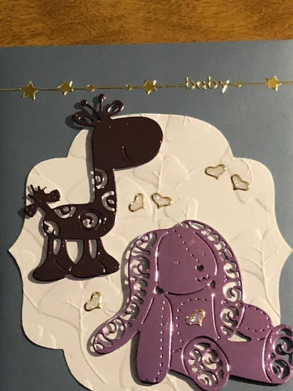 New Baby Giraffe and Teddy Bear Congratulations Handmade Card
