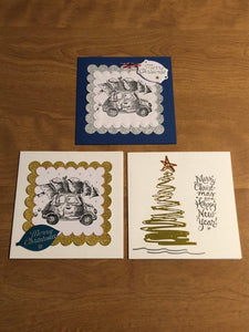 Set of Three Handmade Stamped Christmas Cards Christmas Tree on Car Roof and Christmas Tree Scribbles 5 3/4" X 5 3/4" 14.5cm x 14.5cm