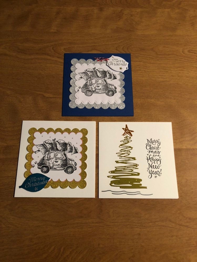 Set of Three Handmade Stamped Christmas Cards Christmas Tree on Car Roof and Christmas Tree Scribbles 5 3/4