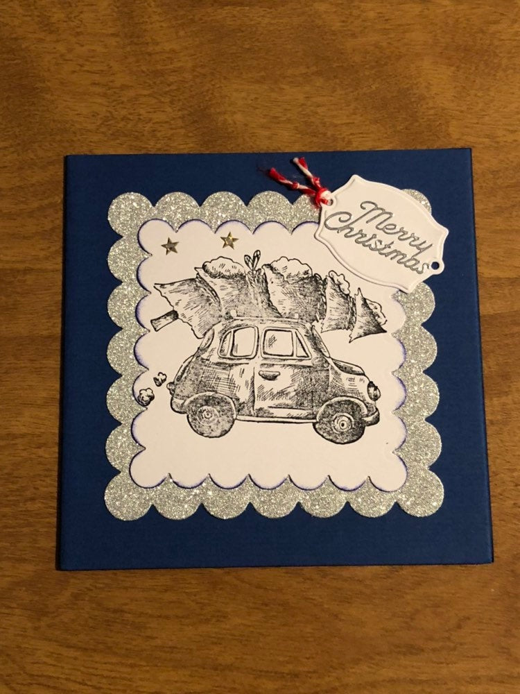 Set of Three Handmade Car With Christmas Tree on Roof Christmas Cards