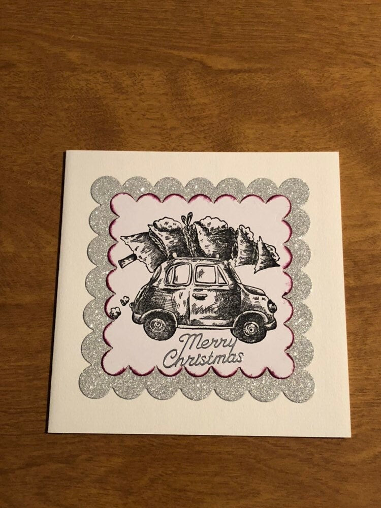 Set of Three Handmade Car With Christmas Tree on Roof Christmas Cards