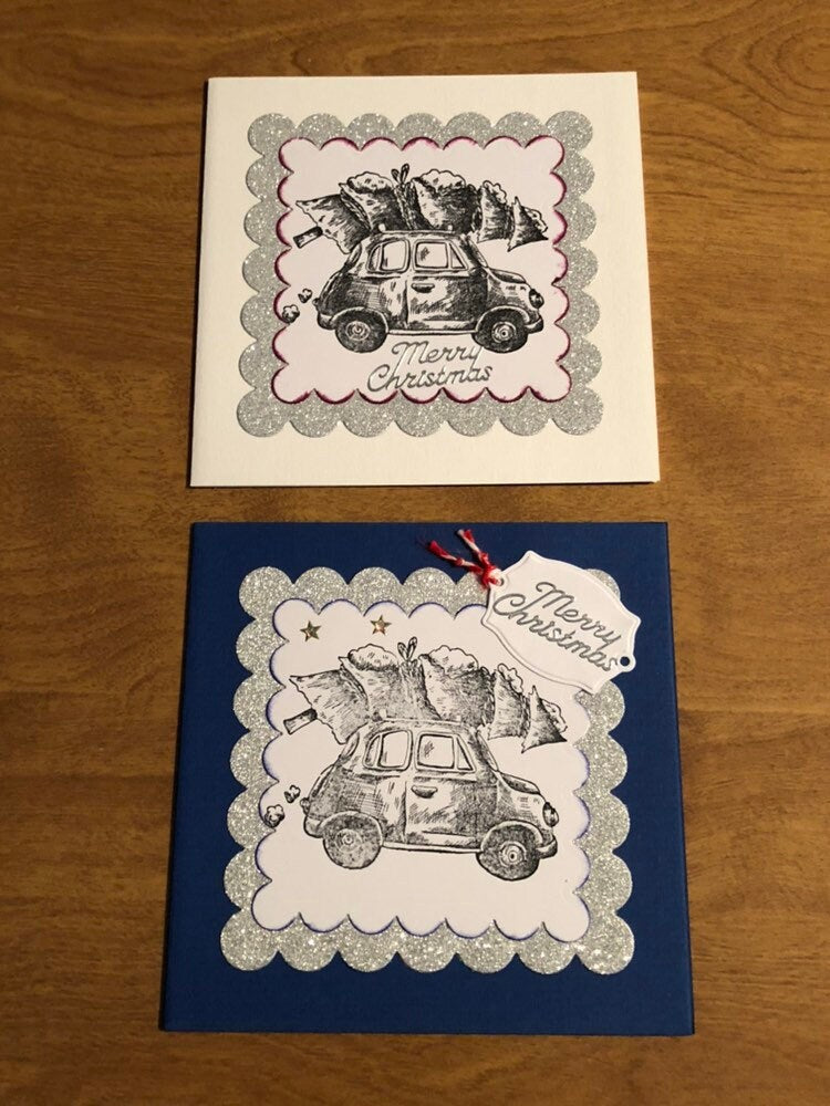 Set of Three Handmade Car With Christmas Tree on Roof Christmas Cards