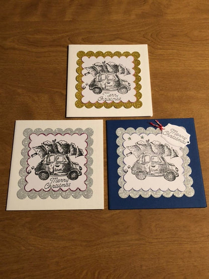 Set of Three Handmade Car With Christmas Tree on Roof Christmas Cards