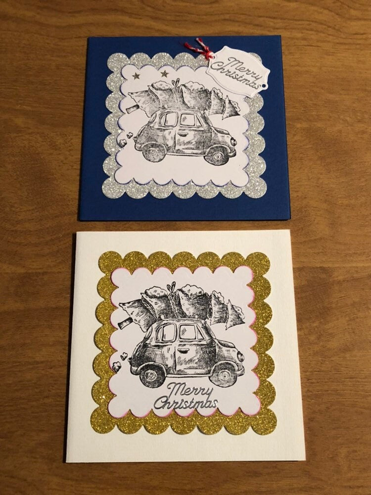Set of Three Handmade Car With Christmas Tree on Roof Christmas Cards