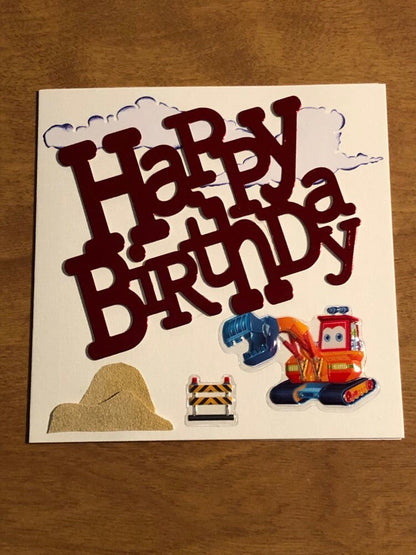 Set of Three Handmade Excavator Happy Birthday Cards 5 3/4" X 5 3/4" 14.5cm x 14.5cm