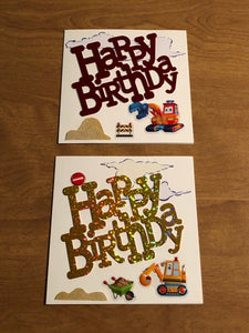 Set of Three Handmade Excavator Happy Birthday Cards 5 3/4" X 5 3/4" 14.5cm x 14.5cm