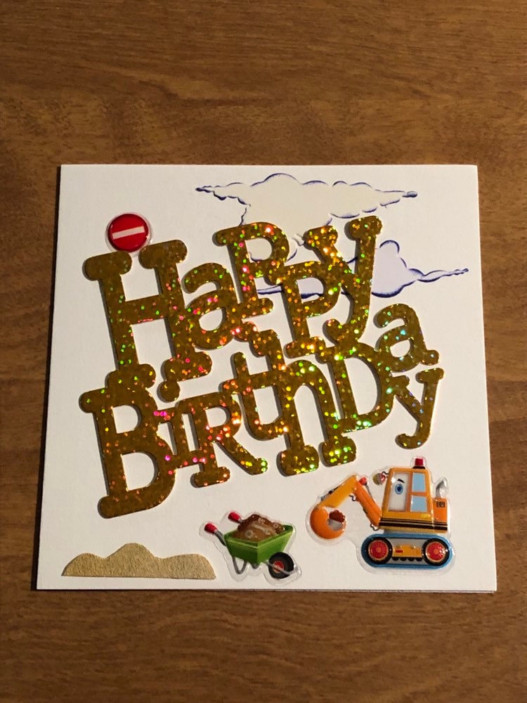 Set of Three Handmade Excavator Happy Birthday Cards 5 3/4" X 5 3/4" 14.5cm x 14.5cm