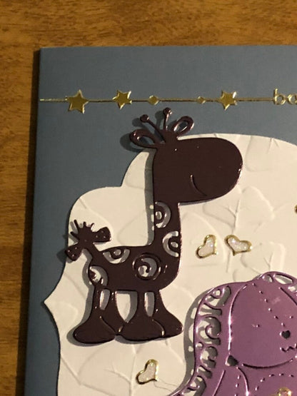 New Baby Giraffe and Teddy Bear Congratulations Handmade Card