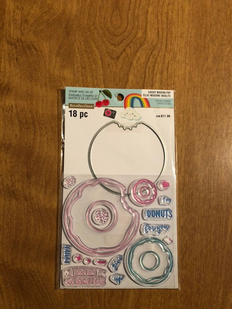 Recollections 18 Piece Cheeky Modern Pop Donuts Clear Stamp and Die Kit