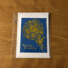 Load image into Gallery viewer, White Card With Blue Happy Birthday, Gold Bouquet, Happy Birthday Card, or Black Happy Birthday, Gold Bouquet Hand Made Happy Birthday Card.
