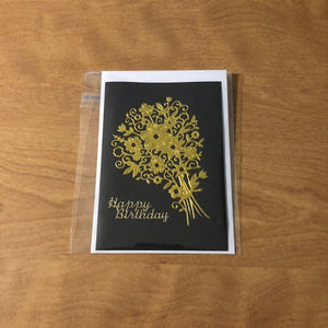 White Card With Blue Happy Birthday, Gold Bouquet, Happy Birthday Card, or Black Happy Birthday, Gold Bouquet Hand Made Happy Birthday Card.