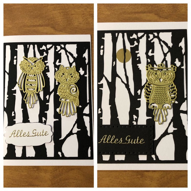 Eulen in der Bäume Alles Gute Deutsche Karte Handgemacht, Owls in the Trees All The Best, German Card, Choice of One or Both Cards. HGCBC39