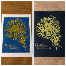 Load image into Gallery viewer, White Card With Blue Happy Birthday, Gold Bouquet, Happy Birthday Card, or Black Happy Birthday, Gold Bouquet Hand Made Happy Birthday Card.