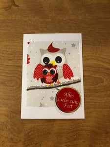Alles Liebe zum Fest, Besinnliche Weihnachtszeit, Eule Deutsche Karte Weihnachtskarten Handgemacht, Owl German Christmas Cards handmade