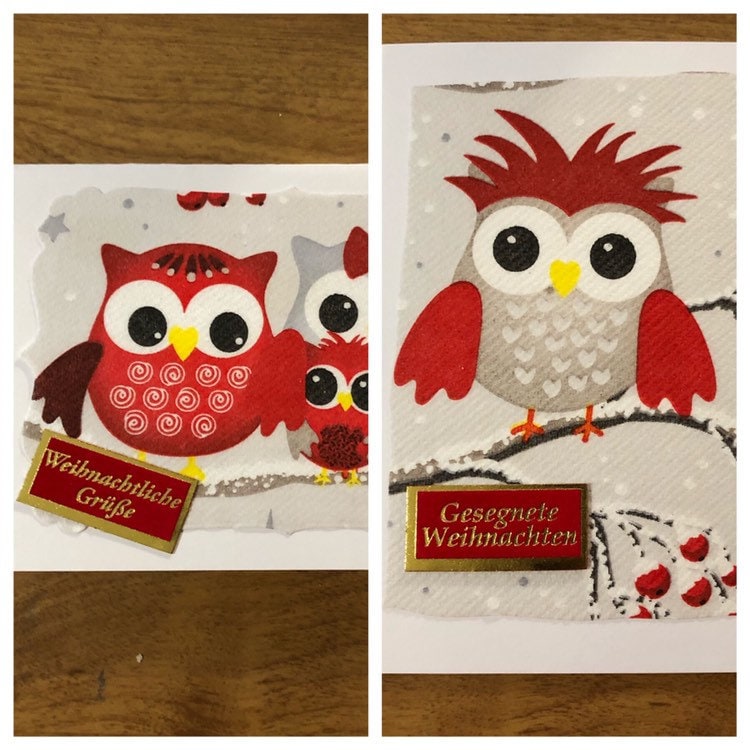 Weihnachtliche Grüsse, Gesegnete Weihnachten, Eule Deutsche Karte Weihnachtskarten Handgemacht, Owl German Christmas Cards handmade