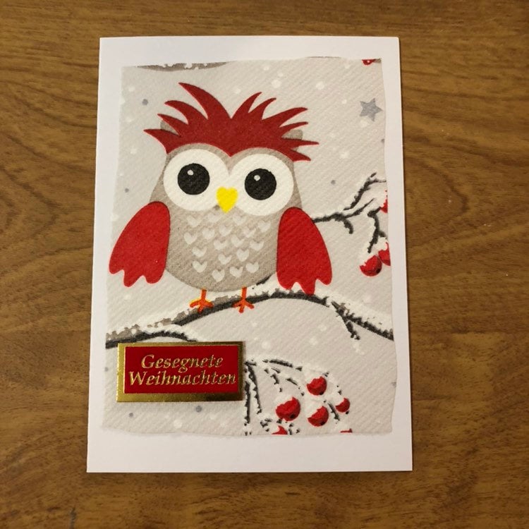 Weihnachtliche Grüsse, Gesegnete Weihnachten, Eule Deutsche Karte Weihnachtskarten Handgemacht, Owl German Christmas Cards handmade