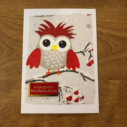 Weihnachtliche Grüsse, Gesegnete Weihnachten, Eule Deutsche Karte Weihnachtskarten Handgemacht, Owl German Christmas Cards handmade