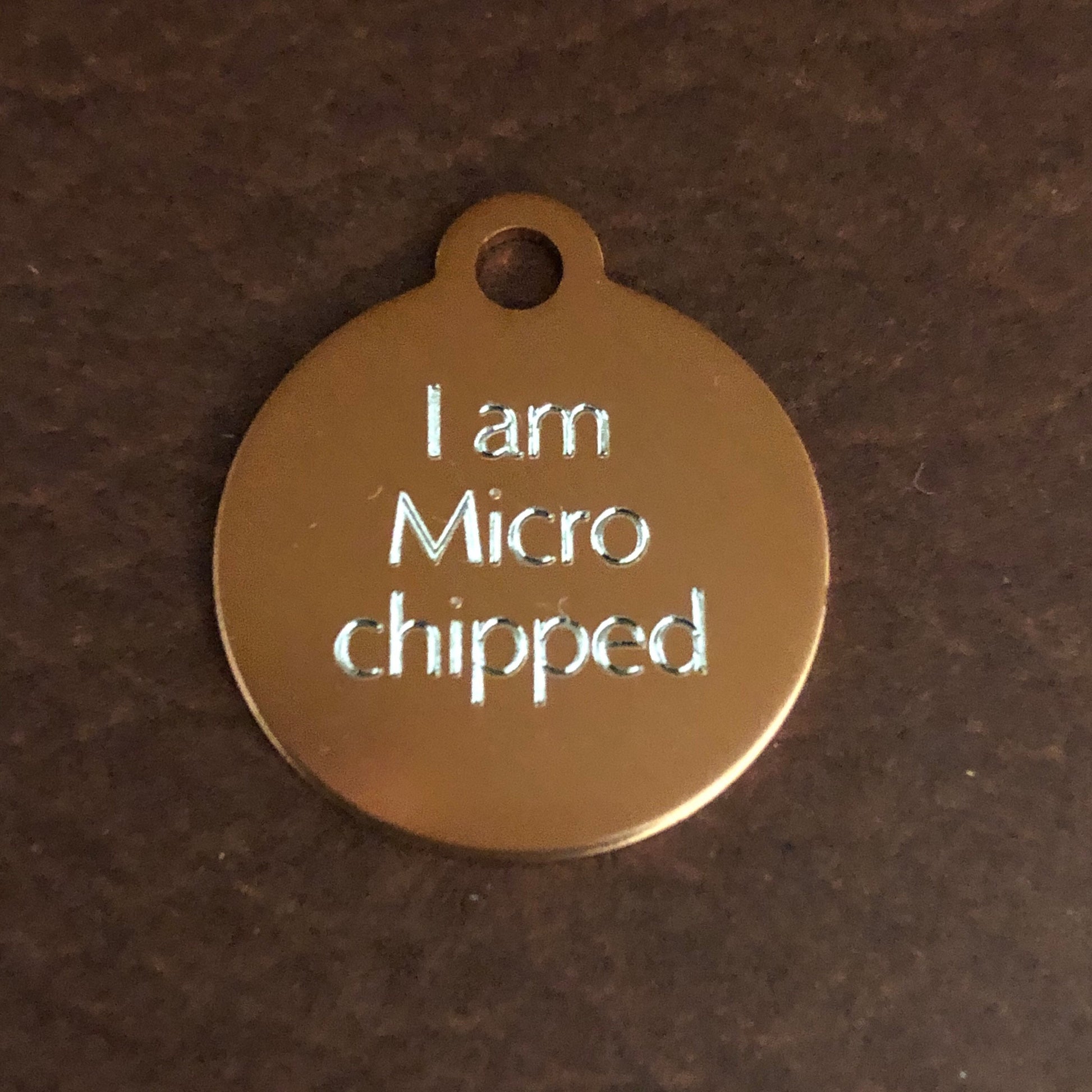 I am Microchipped Small Circle Aluminum Tag Personalized Diamond Engraved Pet Tag Cat Tag Dog Tag For collars, Puppies, Kittens