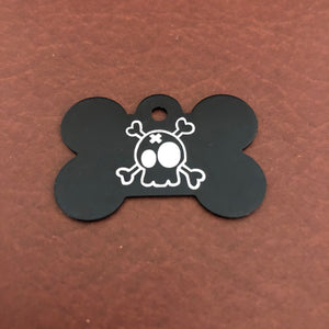 Cartoon Skull Pattern Design, Large Black Bone Personalized Aluminum Tag, Diamond Engraved, Dog Tag, ID Tag, Bone Tag, For Dog Collar, CSLBB