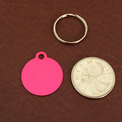 Peace Sign, Small Circle Pink Aluminum Tag, Personalized Diamond Engraved, Dog Tag, ID Tag, Cat Tag, Kitten Tag ,Puppy Tag, For Dog Collar