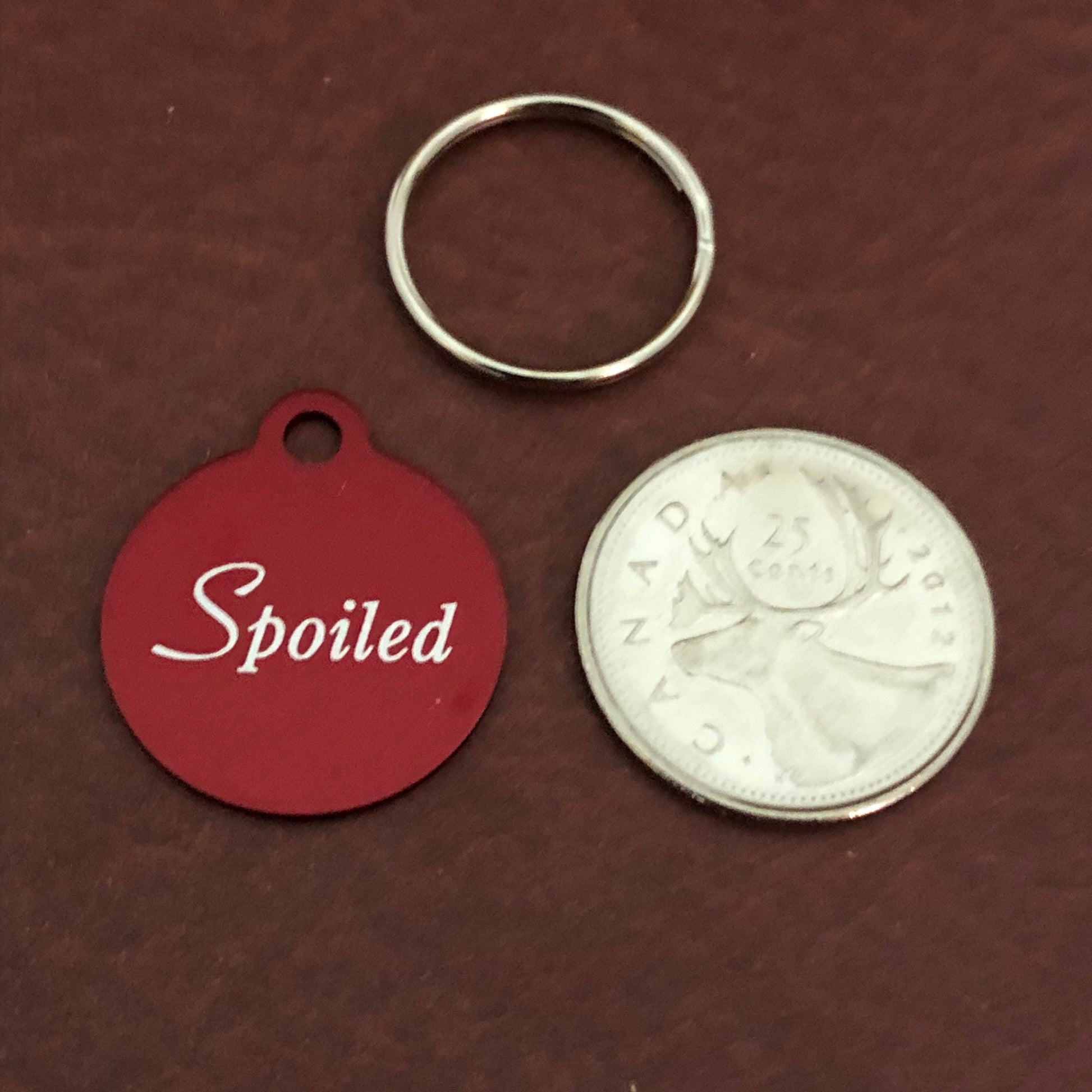 Spoiled, Small Red Circle Aluminum Tag, Personalized Diamond Engraved, Cat Tag, Dog Tag, Pet ID Tags, For Dog Collar, SSRC