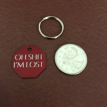 Oh Shit I’m lost, Small Stop Sign Aluminum Tag, Available in Gold or Red Personalized Diamond Engraved Cat Kitten ID Tags For Dog Collar