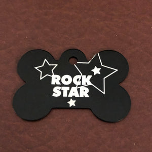 Rock Star, Large Black Bone Tag, Personalized Aluminum Tag, Diamond Engraved, Dog Tag, Puppy For Dog Collar, Lost Dog ID, For Puppy Collar