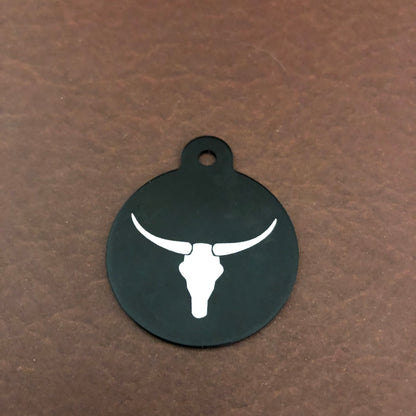 Longhorn, Yak, Large Circle Tag, Black, Personalized Aluminum Tag, Diamond Engraved, Key Chain Keychain, For Lost Keys PLHYLBC2