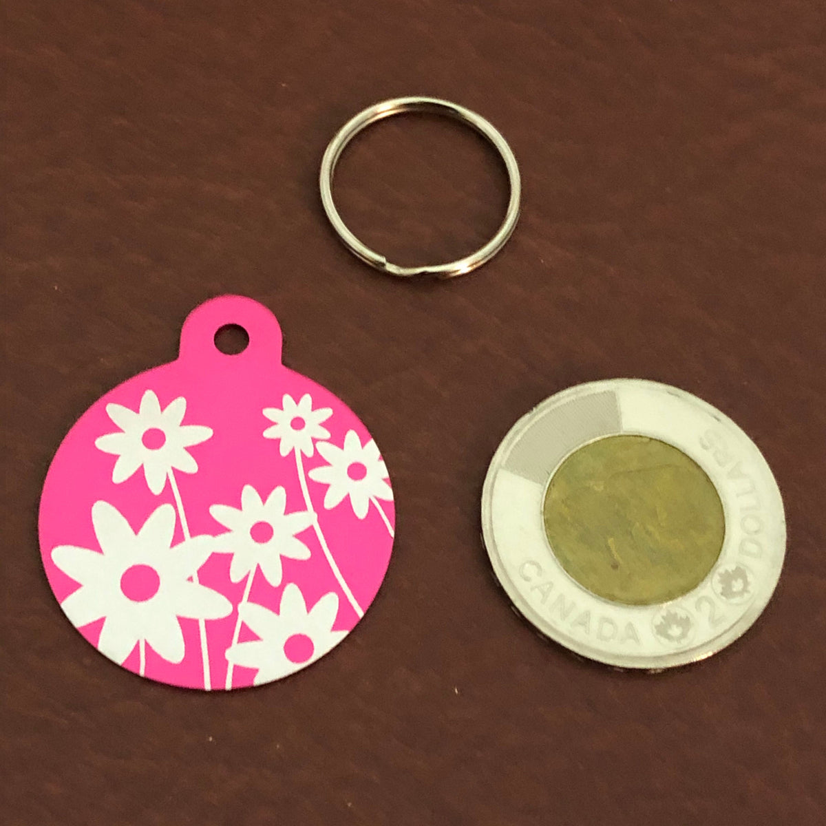 Daisy Floral Print Large Pink Circle, Personalized Aluminum Tag, Diamond Engraved, Dog Tag Cat Tag Small Animal Tag Human ID Tag Kitty Puppy