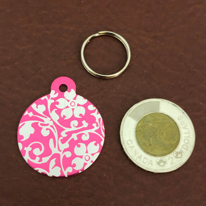 Ornate Floral Print Large Pink Circle Personalized Aluminum Tag Diamond Engraved Keychain Key Chain for Keys Id Tag Back Packs, OFPLPCT