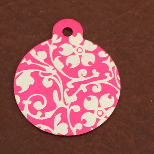 Ornate Floral Print Large Pink Circle Personalized Aluminum Tag Diamond Engraved Keychain Key Chain for Keys Id Tag Back Packs, OFPLPCT