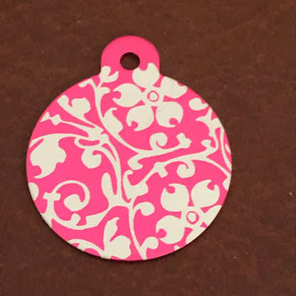 Ornate Floral Print Large Pink Circle Personalized Aluminum Tag Diamond Engraved Keychain Key Chain for Keys Id Tag Back Packs, OFPLPCT